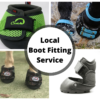 Four pictures featuring Green Cavallo Boots, Scoot Boots on Hooves with blue straps, Easycare Boots and Sparkely Cavallo Mini Boots on hooves.