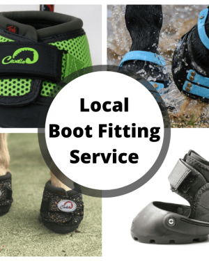 Four pictures featuring Green Cavallo Boots, Scoot Boots on Hooves with blue straps, Easycare Boots and Sparkely Cavallo Mini Boots on hooves.