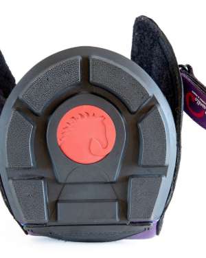 a view of the cavallo trek sole which is black plastic with a red cavallo logo in the middle.